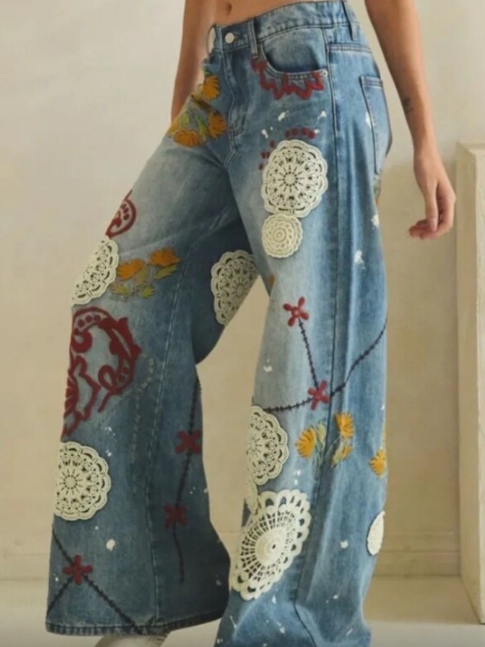 OLI & HALI Blue Wide-Leg Embroidered Patchwork Jeans Brand NEW sz XL - Picture 4 of 10